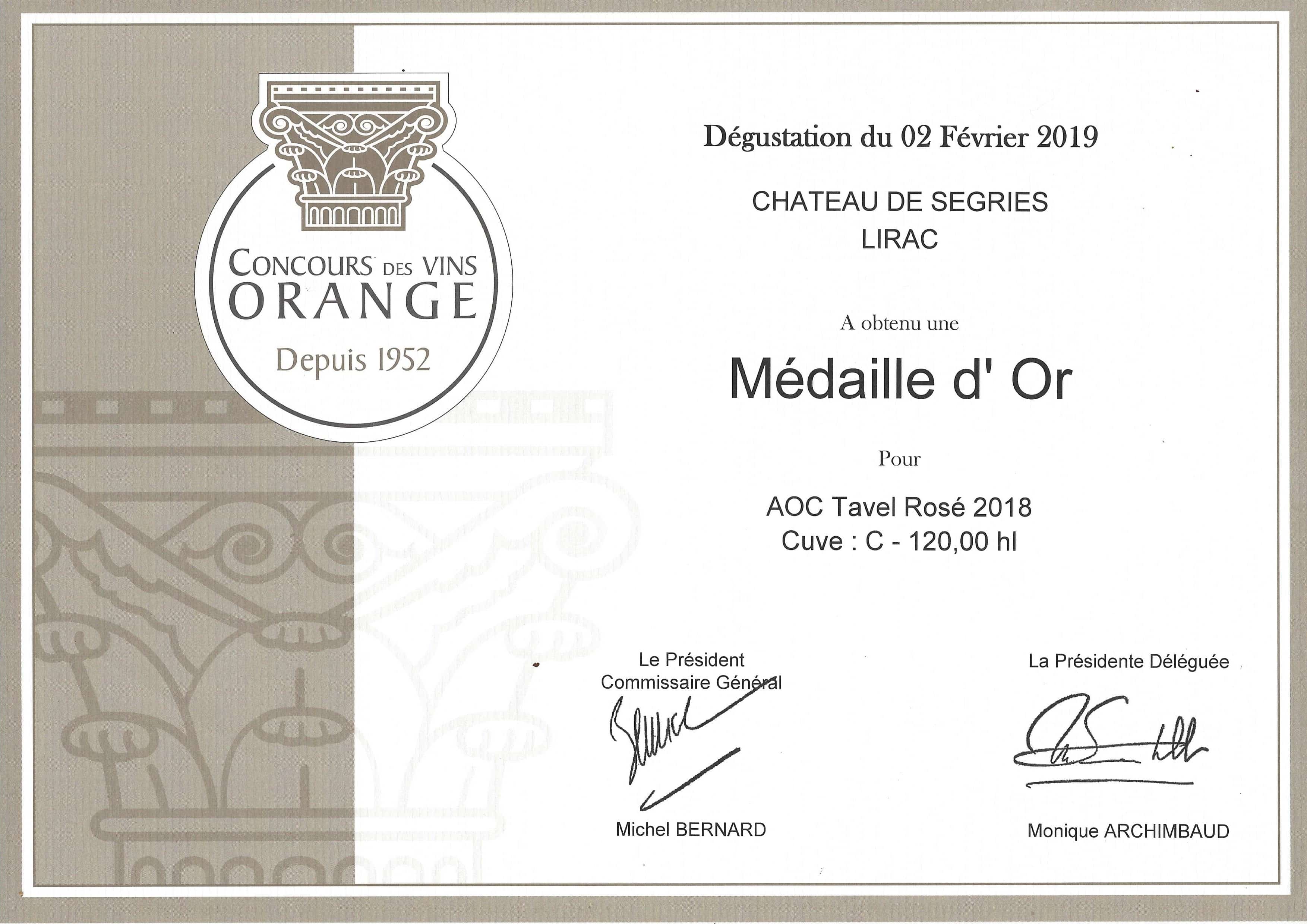 Médaille d'Or pour AOC Tavel Rosé 2018